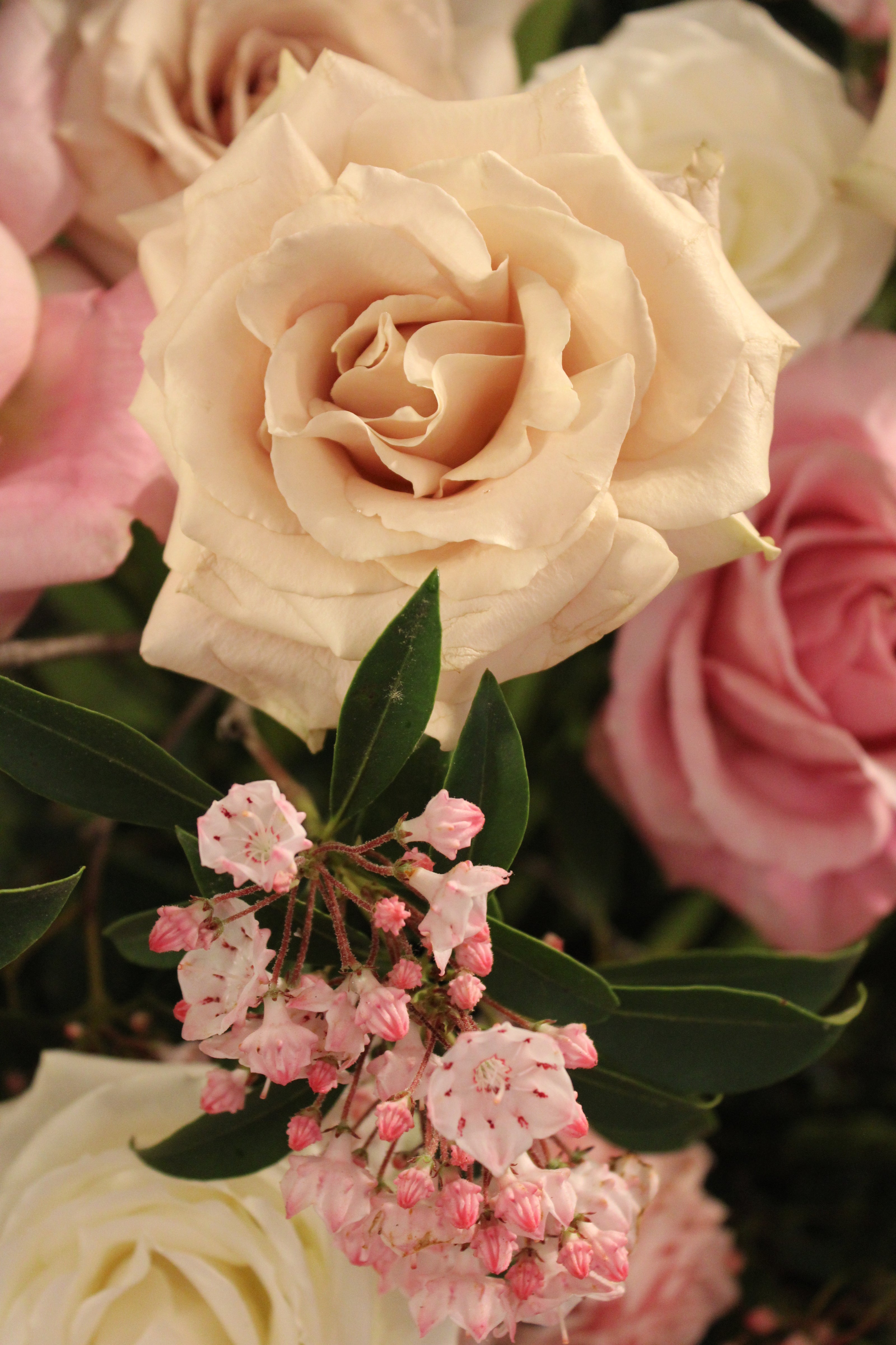 Close-up of a Vort floral centerpiece with quicksand, secret garden, and Tibet roses