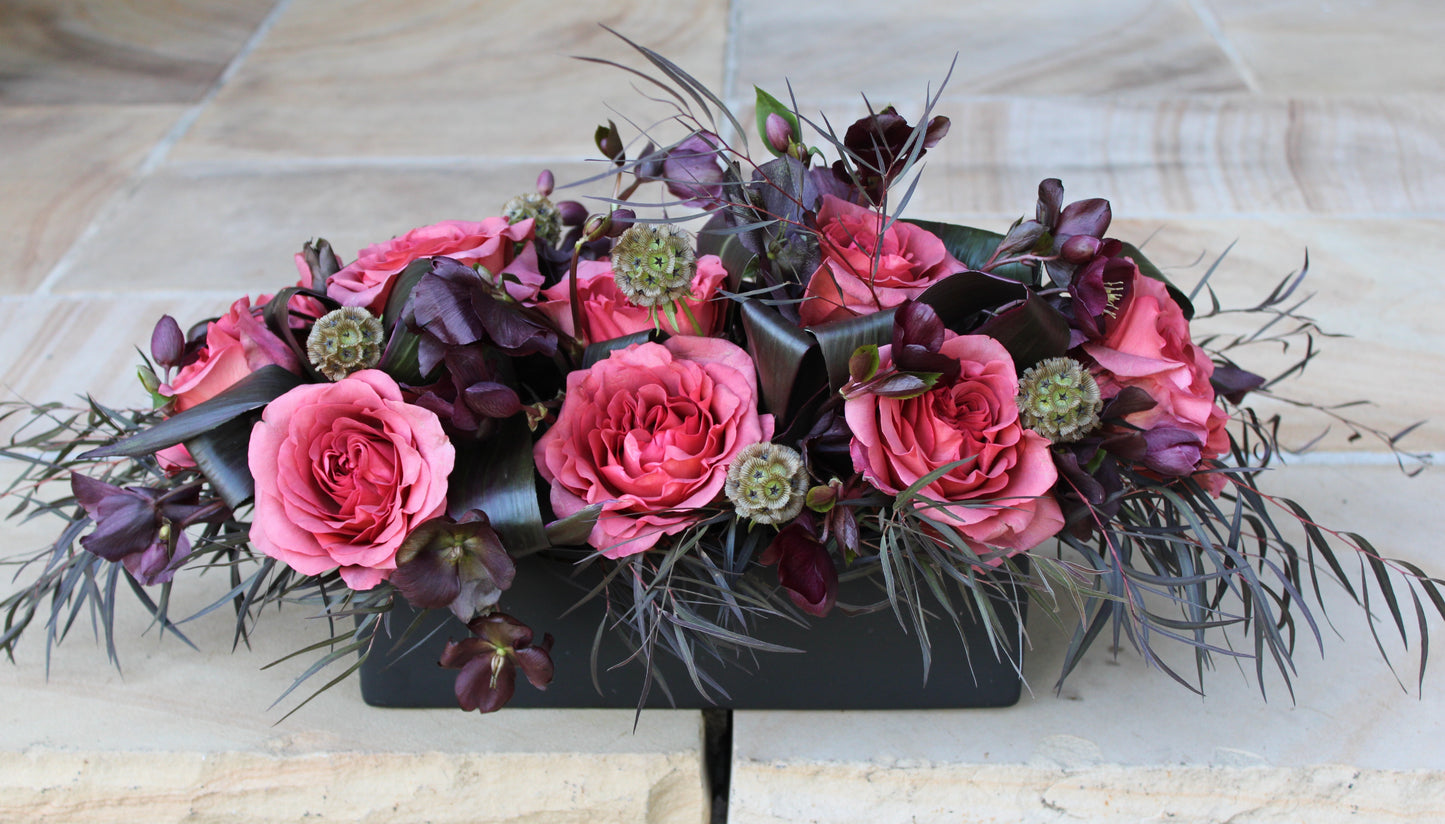 black 12" rectangular planter with terracotta-toned roses, dark plum purple hellebores, scabiosa pods, agonis foliage, and red Ti leaves