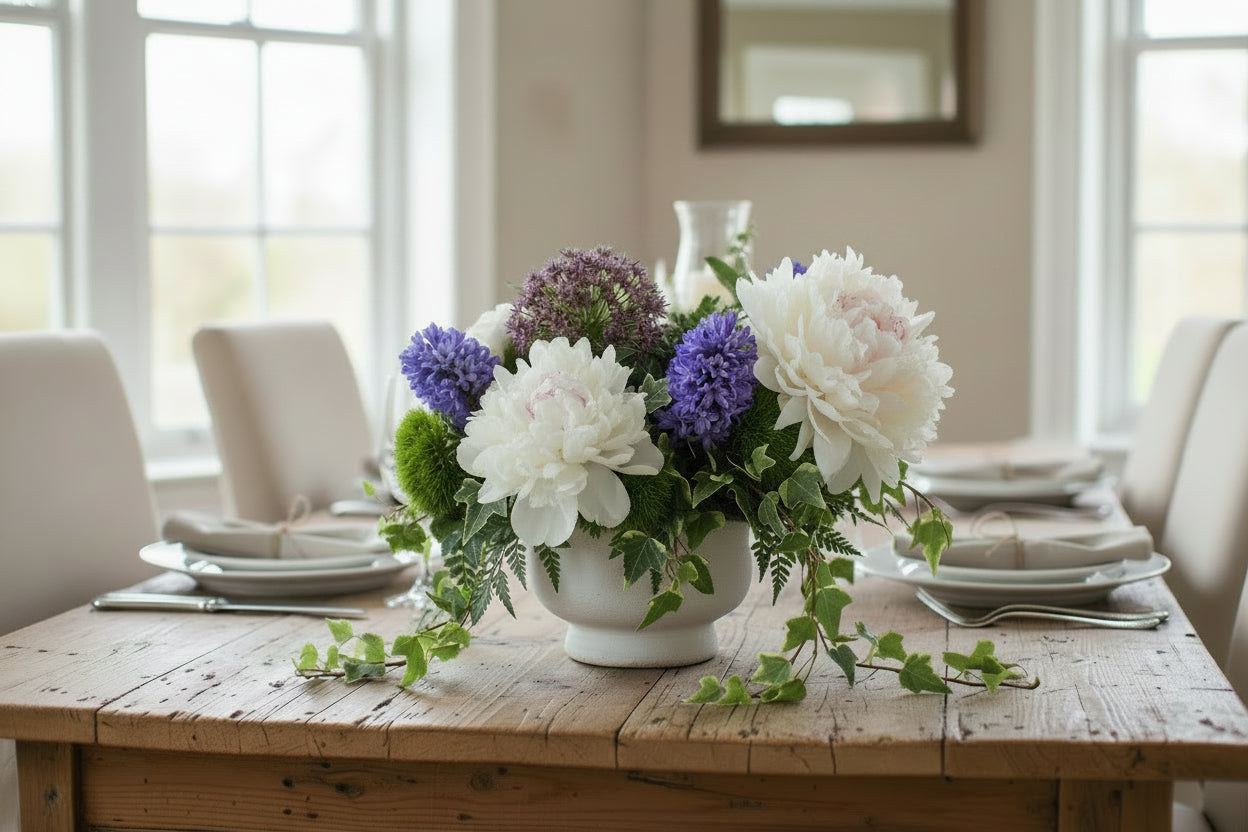 Stone compote with white Festiva Maxima peonies, blue hyacinths, purple alliums, green trick carnations, trailing ivy, and mixed greens